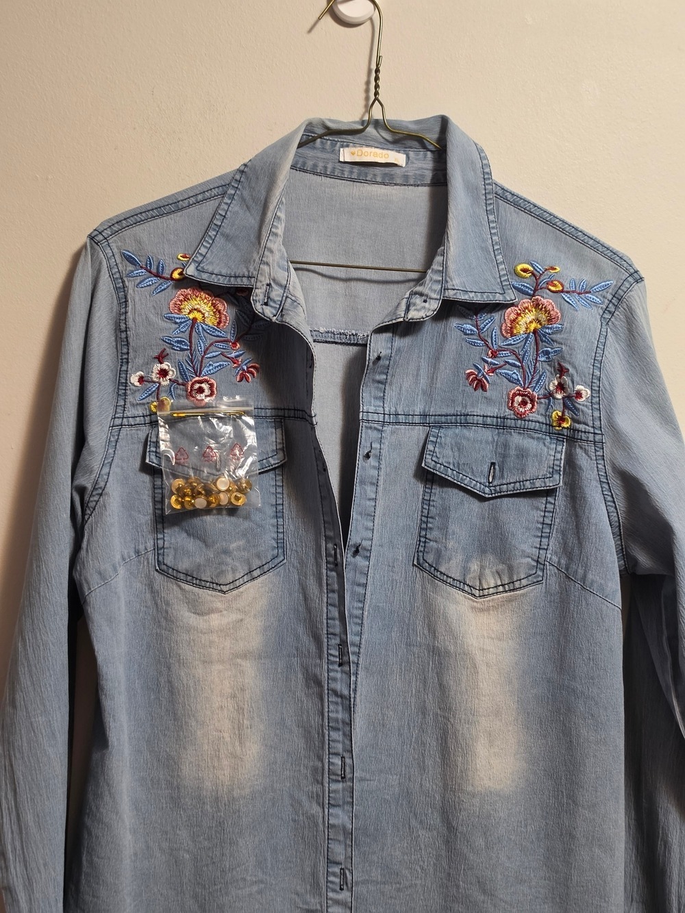 Dorado Light Wash Denim Shirt with Floral Embroidery - Picture 2 of 9